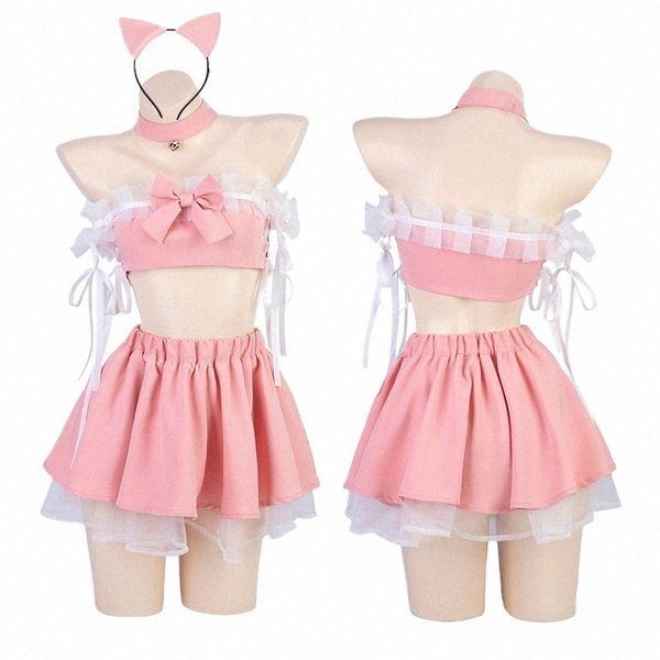 Anilv 2023 Anime Lolita Fille Mignon Chat Rose Maid Unifrom Femmes Hors Épaule Hauts Gâteau Jupe Tenues Costumes Cosplay 03Tc #