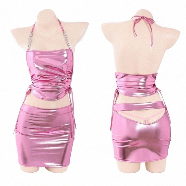 Anilv 2023 Fille Rose Bling Laser Maid Uniforme Costume Femmes Cordon Chaîne Halter Top Tenues Costumes Cosplay d9vG #