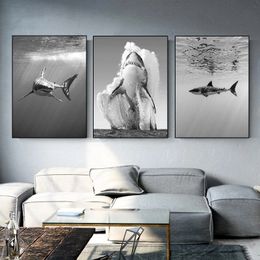 Animal Canvas Painting Black White Wall Art Shark Poster en afdrukken Monochrome Nature Painting Picture Home Decor Mural Unframed