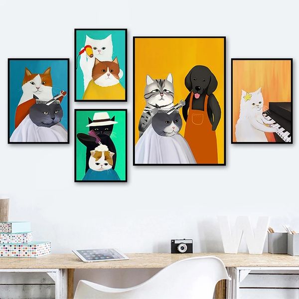 Animal toile peinture dessin animé mignon chat moderne affiches drôle chien coupe de cheveux imprime mur photo pour salon enfant chambre décor à la maison sans cadre