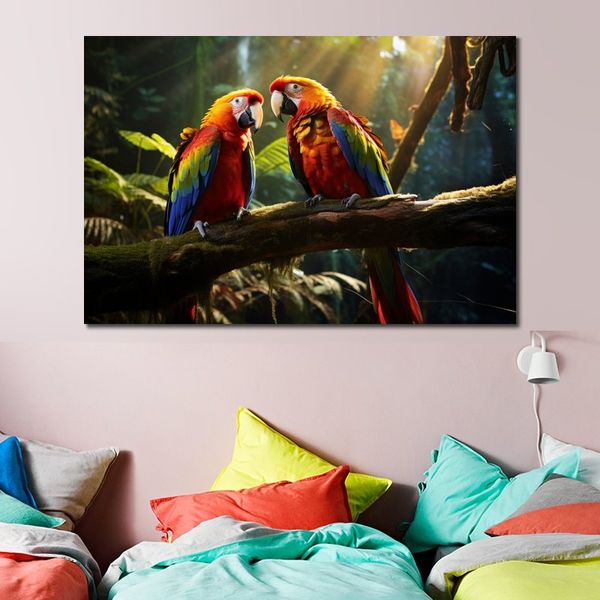 Affiche en toile d'animaux, Photo imprimée, photographie de perroquets colorés encadrés pour décoration murale de salon