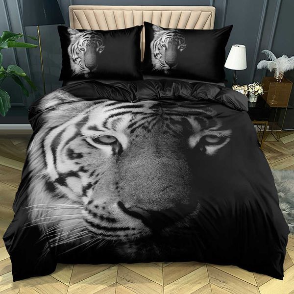 Juegos de fundas nórdicas de animales Diseño 3D Tiger Ropa de cama y fundas de almohada 180 * 200 cm Full Twin Double King Queen Size Black Beddings 210615