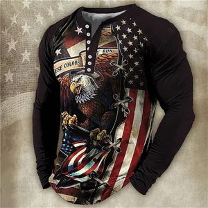 Animal aigle t-shirt drapeau américain impression t-shirt hommes mode col en v à manches longues automne Camisetas boutonné t-shirts 240219