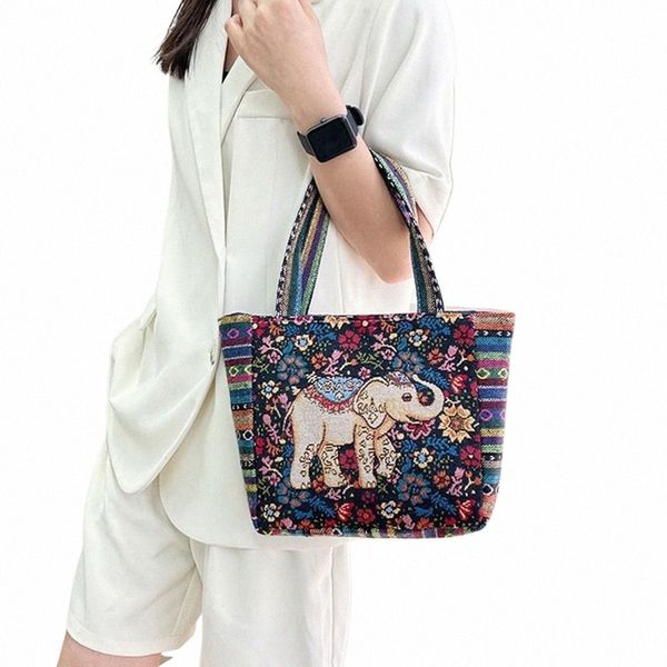 Animal Style Sac à main broderie Elephant Peacock Canvas Tote Sac Rabbit Canvas Women Sacs Sacs d'épicerie G1II #