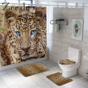 Animal Fur Leopard Shower Curtain Bath Mat Set Soft Bath Carpet for Bathroom Funny Cover Toilet Seat Waterproof Bathroom Curtain 200925
