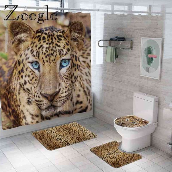 Rideau de douche de léopard de fourrure animale avec tapis de bain ensemble tapis de bain doux tapis de couverture de siège de toilette drôle rideau de salle de bain imperméable 210401