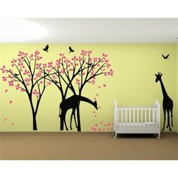 Animal Home DecorCherry Blossom Tree con jirafa Calcomanía Aves y Butterlfies Vinilo Etiqueta de la pared impermeable WL1296 T200421