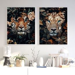 Dier in bloemen Posters en prints Wall Art Lion Elk Panda Cheetah Orangutan Canvas Painting Picture for Living Room Decor