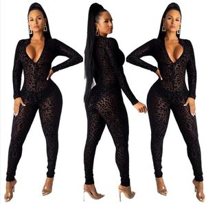 Animal Instinct Mesh Bodystocking Robes de soirée léopard Voir à travers Velour Barboteuses à manches longues Womens Jumpsuit Sexy Midnight Clubwear 011912 Marchandises