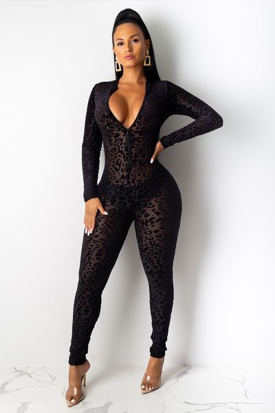 Animal Instinct Combinaison Femme Mesh Bodystocking Léopard Voir à Travers Velours Manches Longues Barboteuses Femmes Sexy Minuit Clubwear 011912 2pcs