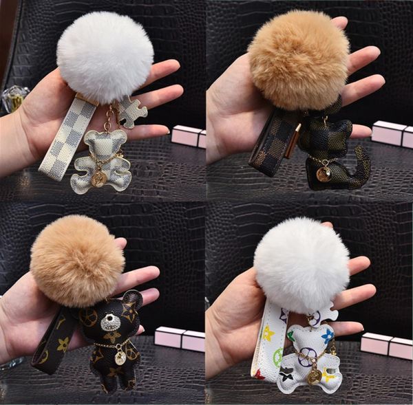 Llaveros de animales Titular Gato Oso de peluche Pompón Colgante Llavero Anillo Moda PU Cuero Coche Llavero Hebillas Bolsa Encanto Regalo Joyería3014613