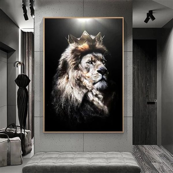 Animal León cabeza corona lienzo pinturas carteles e impresiones arte de pared imágenes para decoración para sala de estar sin marco