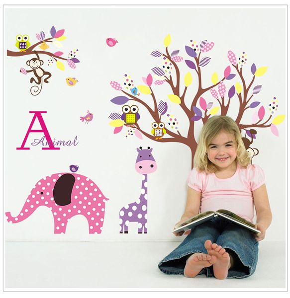 Animal Singe Hibou Éléphant Lion Zoo Grand Arbre PVC Amovible Stickers Muraux enfants chambre décoration de la maison stickers muraux JM7293AB 210420