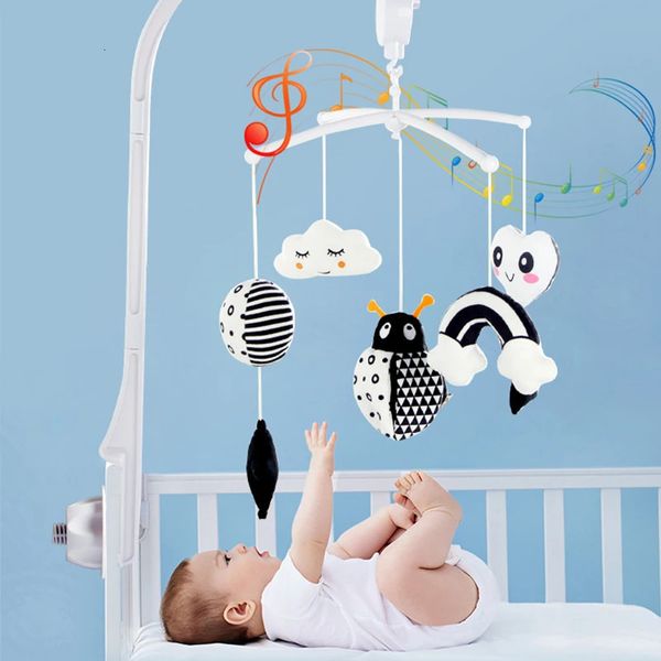 Boîte à musique animale noir et blanc, cloche de lit, jouet hochets de berceau pour bébé de 012 mois, horloge Mobile né 240226