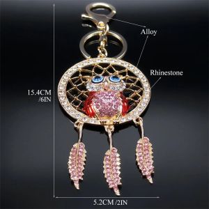 Animal Owl Dream Catcher Key Chain for Women Rhinestone Metal Gold Color Dreamcatcher Keychain Sac Accessoires Bijoux K9034S01