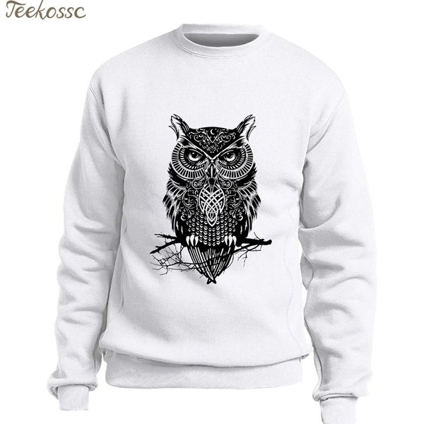 Animal Hibou Sweat Hommes Graphiques Conception À Capuche Slim Fit Pulls Molletonnés Hiver Automne Polaire Chaud Streetwear Blanc À Capuche 201103