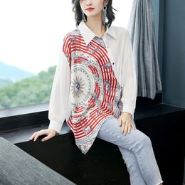 Dier patroon print zijden sjaal stikselen chiffon shirts vrouwen lange mouw asymmetrische losse plus size streetwear tops blusa 210416