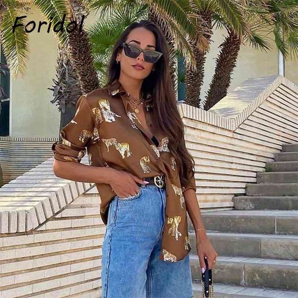 Impresión de animales Blusa de gran tamaño de gasa Tops de mujer botón de mujer color marrón Tigre Damas Camisas casuales 210427