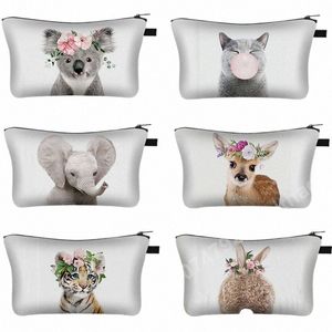 Dierenprint Cosmetische tas Vrouwen Make -uptas Kawaii Koala/Elephant/Elk Toiletische canvas Travelorganisator Zipper Pouch Handtas Purse Y09H#