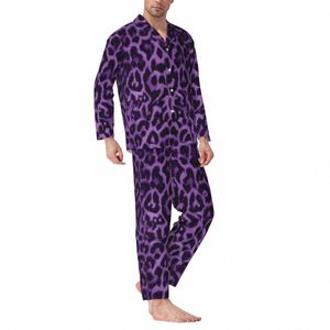 Animal Print Pyjama Set Violet Motif Léopard Belle Nuit Mâle Lg-Sleeve Casual Nuit Deux Pièces Costume À La Maison Grande Taille 2XL D8Hr #