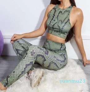 Conjunto de piezas de piel de serpiente con estampado Animal, mallas de Yoga, ropa de Fitness, sujetador de entrenamiento, medias verdes para gimnasio, ropa deportiva activa, Top corto Sexy