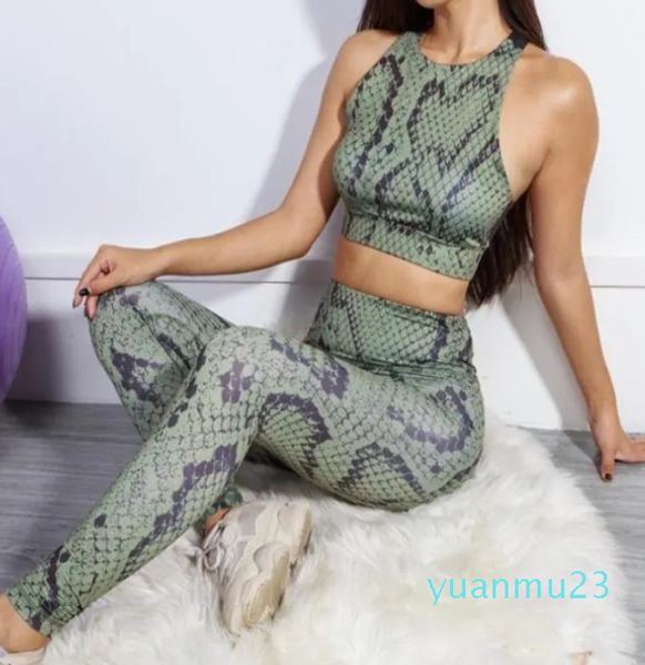 Dierenprint slangenhuid-set Yoga-legging Fitnesskleding Trainingsbeha Groene gympanty Sportkleding Crop Top Sexy