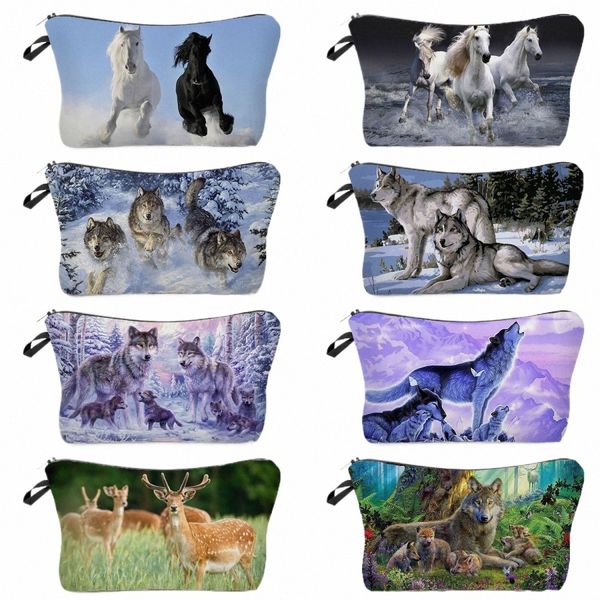 Bolsa de aseo con estampado de animales Estuches de lápices para niñas Bolsas de maquillaje Bolsa de cosméticos de gran capacidad Portátil para mujer Lobo Caballo Ciervo Viaje Y8aY #