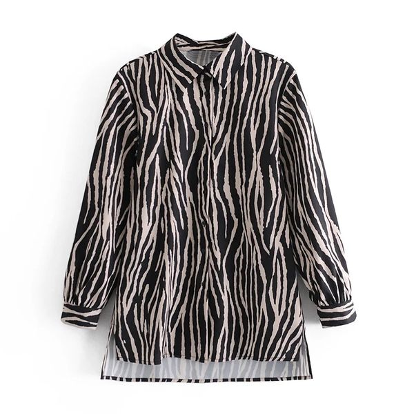 Animal Print Vintage Long Women Shirt ZA Printemps Automne Rétro Lâche Chic Tops Zebra Striped Casual Blouse 210521