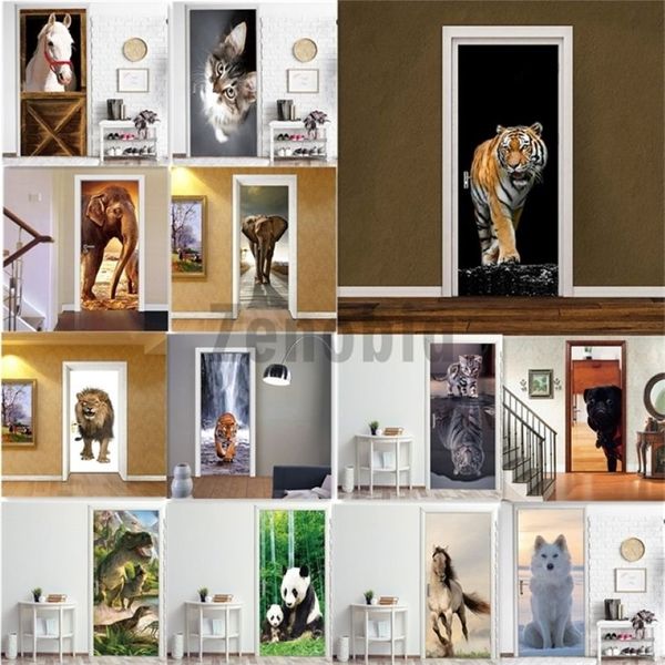 Animal PVC Wallpaper Autoadhesivo 3D Etiqueta de la puerta Tigre Caballo Elefante Panda Mural Extraíble Decoración para el hogar Calcomanía DIY Deur Etiqueta 21245o