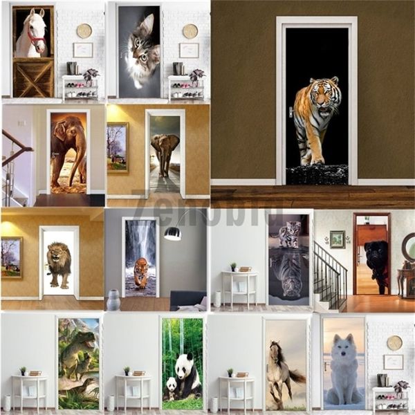Animal PVC Wallpaper Autoadhesivo 3D Etiqueta de la puerta Tigre Caballo Elefante Panda Mural Extraíble Decoración para el hogar Calcomanía DIY Deur Etiqueta 21235o