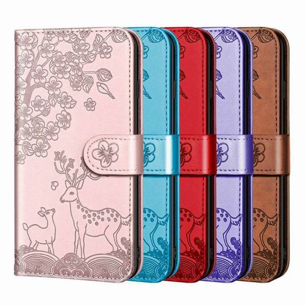 Animal Sika Deer Flower Estuches de billetera de cuero para Iphone 14 13 Pro MAX 12 Mini 11 XR XS X 8 7 6 Sony 10 II 5 III Floral Lindo Ranura para tarjeta de identificación de crédito Soporte magnético Libro Flip Cover