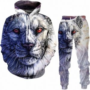 Animal Tiger 3D Gedrukt Heren Trainingspak Set Casual Hoodie En Broek 2 Stuks Sets Herfst Winter Fi Streetwear Man kleding Pak H1pc #