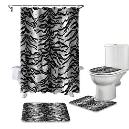 Dierlijke tijgerhuid Zwart witte badkamer douchegordijn badmat tapijten tapijten set toilet deksel deksel vloermatten accessoires 220429