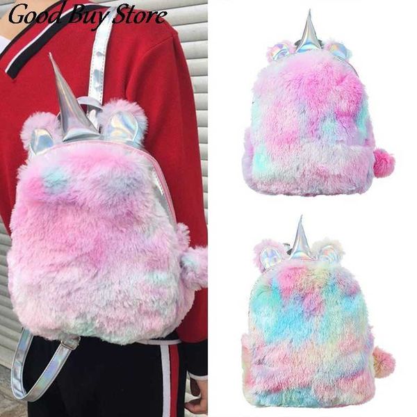 Animal Licorne Sac À Dos Filles Mini Sacs À Dos En Peluche Doux Laser Sacs À Bandoulière Kidergarten Enfants Cartable Sangle En Peluche Sac À Main Enfant X0529