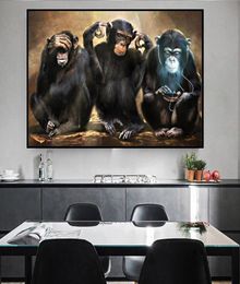 Pintura de arte de parede de animais, pôsteres e impressões de três macacos engraçados, imagens de arte impressas em tela para sala de estar, decoração de casa3827416