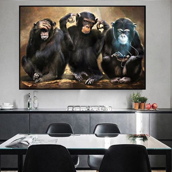 Animal Wall Art Painting Affiches et imprimés de trois singes drôles Images d'art toile imprime pour le salon Décoration de la maison 273Q