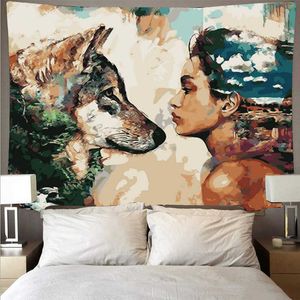 Animal loup et homme hippie hippie suspendu hippie hippie bohème de bohème mandala mur huile peinture style art déco