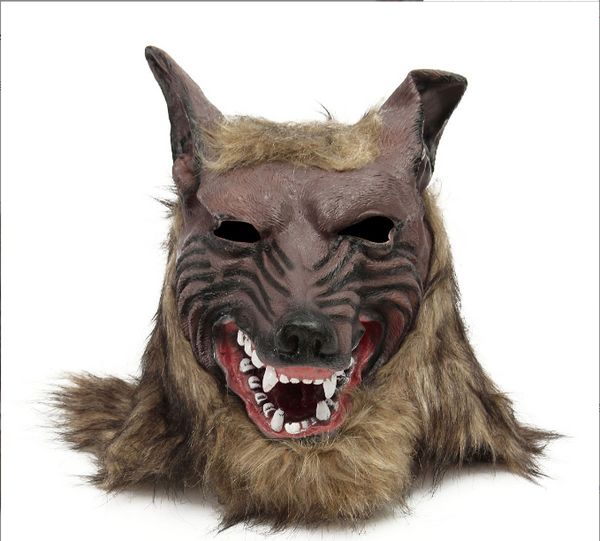 Máscara de látex de lobo Animal, lobos feroces y realistas con cabello castaño, disfraz de cabeza completa, accesorios para fiesta de Cosplay