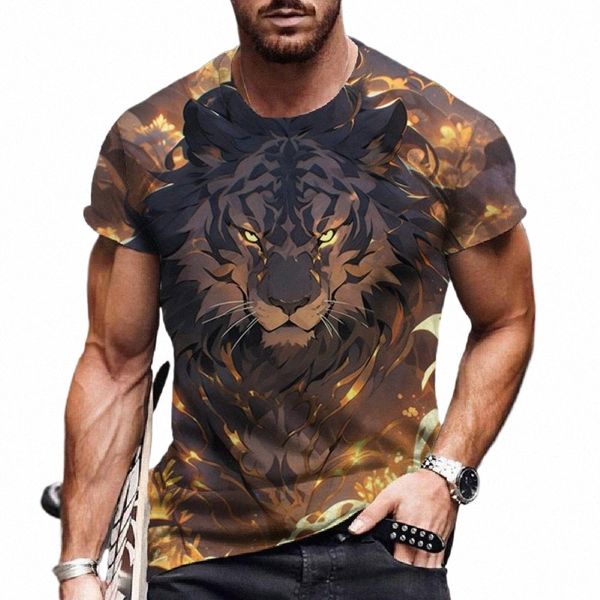 Camiseta con estampado de lobo animal para hombre, poliéster de verano, cuello redondo, manga corta suelta, ropa de calle, camisetas de gran tamaño, camisetas informales, camisetas O0H8 #