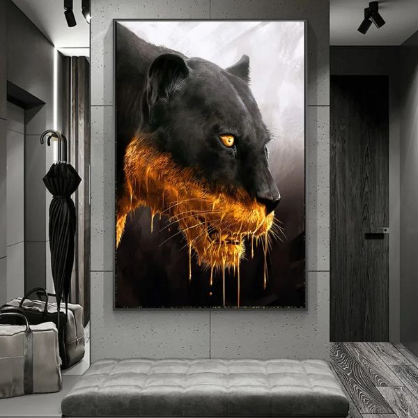 Animal World Wall Art Hunting Black Gold Bloody Leopard Lion HD Tolevas Affiche Impression de salon Décor de chambre à coucher du salon