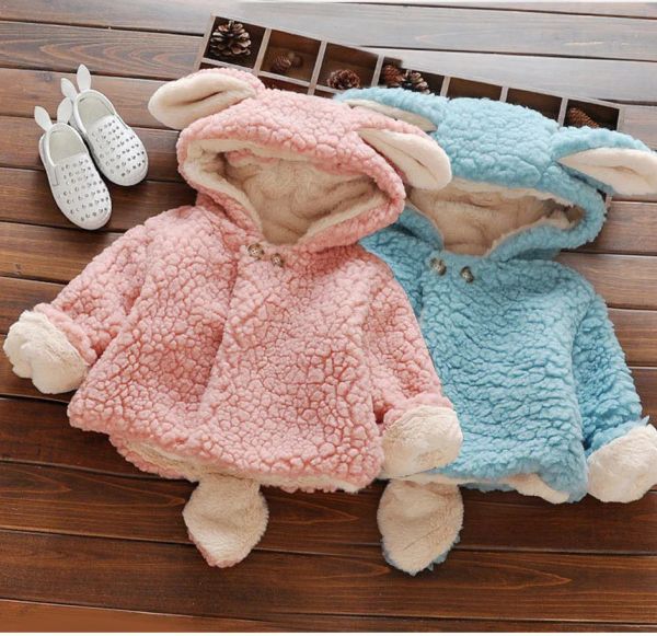 Animaux bébé fille manteau d'hiver manteau laine fille dessin animé oreilles de lapin veste à capuche plus velours épais d'agneau chaud en peluche