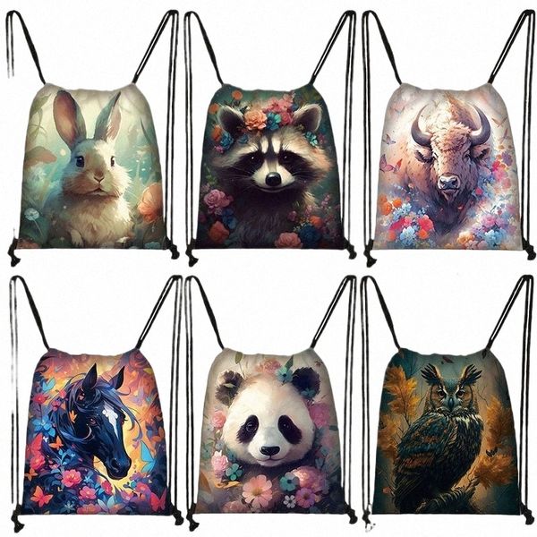 Animaux Racco Horse Owl Sac à cordon Kawaii Panda Sacs à dos Sac de rangement de voyage en plein air Porte-chaussures Sacs de livres pour adolescents Cadeaux t9Lz #