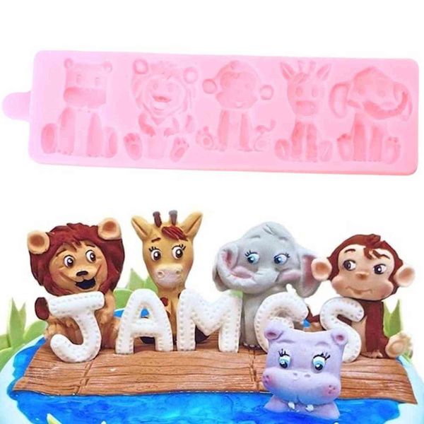 Animaux Silicone Moule Éléphant Lion Ours Girafe Singe Cupcake Topper Fondant Gâteau Décoration Outils Bonbons Argile Chocolat Moule 211110