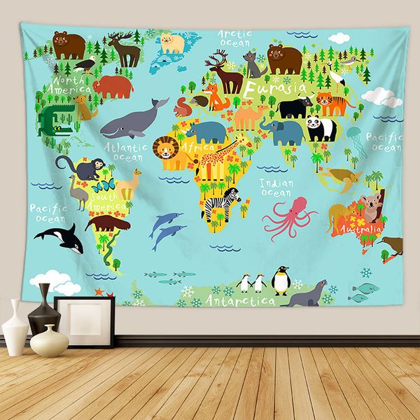 Animaux Carte du monde Tapestry mur suspendu grand enfant