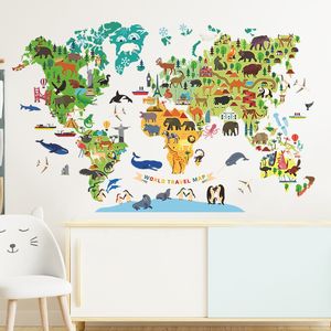 Animaux carte du monde Stickers muraux pour garçons enfants chambre enfants chambre décoration murale autocollant amovible pour la maternelle classe bricolage