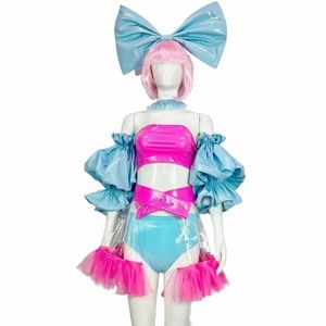 Animati Disfraces de cosplay Festival para adultos Discoteca Bar Escenario Desgaste Mujeres Bailarina Pajarita Sujetador Manga de burbuja Bikini Trajes de baile J1bD #