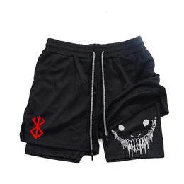 Anime Berserk Running Shorts Men Fitness Gym Training 2 en 1 Sports Spreced Dry Trajing Doble Deck Summer 240415