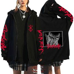 Anime Berserk Rits Jassen Guts Hoodies Heren Fleece Sweatshirts Dames Oversized Hoodie Y2K Zip Up Jas Hip Hop Streetwear