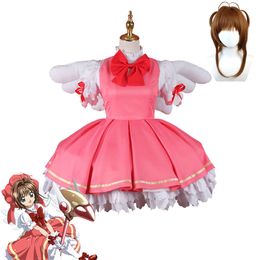 Anime Card Captor Cosplay Kinomto Sakura Cosplay Costume rose blanc bataille Costume perruque fille ailes robe Halloween Costume pour Womencosplay