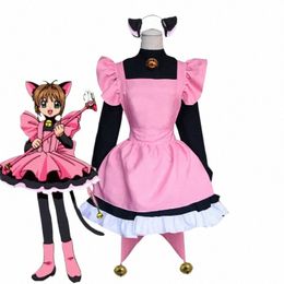 Tarjeta de anime Captor Sakura Cosplay Kinomoto Sakura Cosplay disfraz de gato disfraz de mucama disfraces de Lolita E1WG #